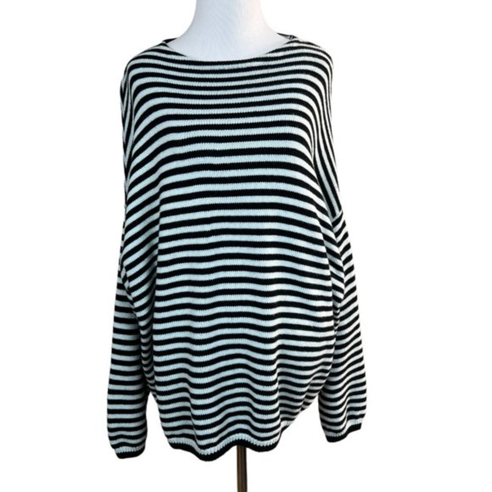 Sundays NYC 713 Sweater OS Black Blue Stripe Oversized Dolman Sleeve Slouchy